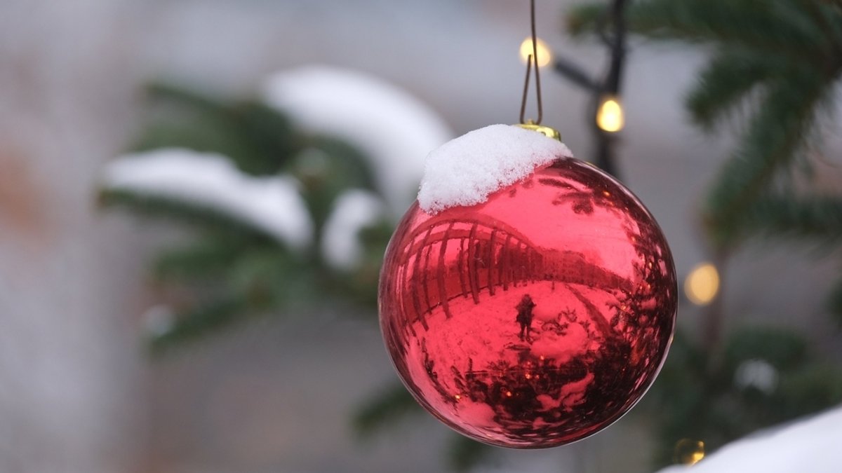 Schneebedeckter Weihnachtsbaum: Rote Weihnachtskugel mit Schnee