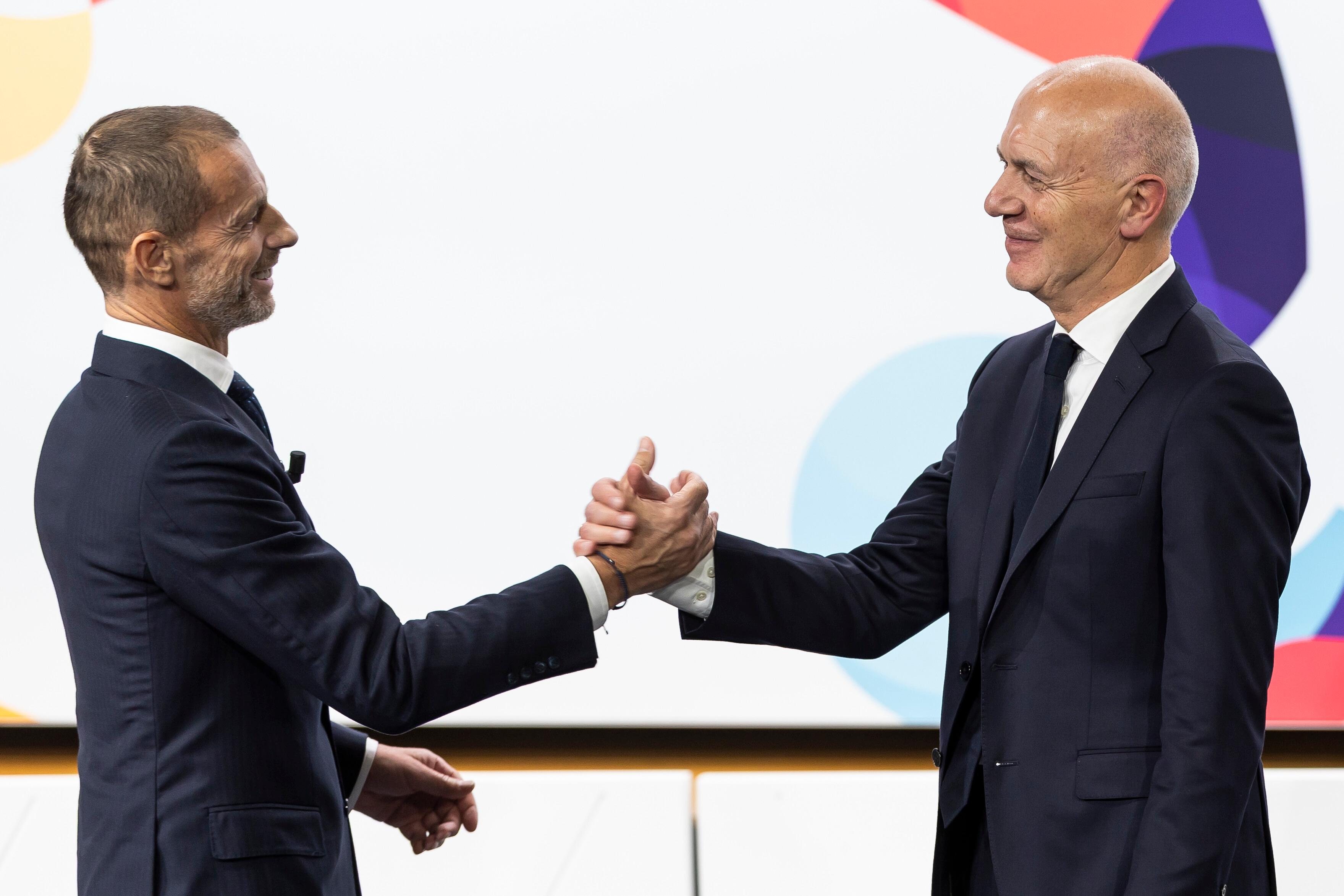 UEFA-Präsident Aleksander Ceferin (l.) und DFB-Präsident Bernd Neuendorf