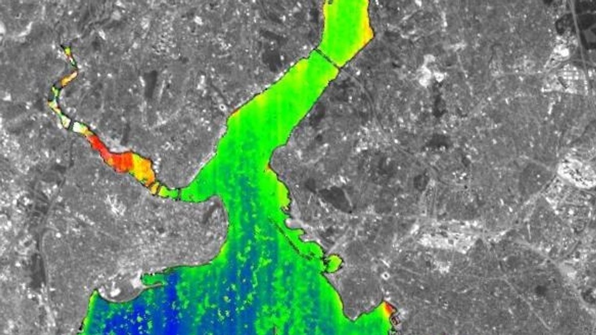Der deutsche Umweltsatellit EnMAP kann die Chlorophyll-Konzentration messen, wie hier im Bosporus. Die Chlorophyll-Konzentration ist an den roten Stellen stark ausgeprägt und weist dort auf einen starke Algenbildung hin.