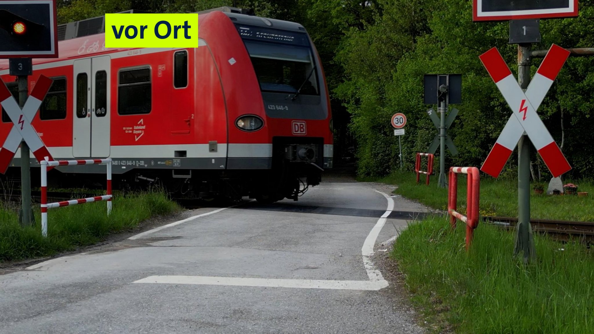 (Symbolbild) Zu sehen ist eine S-Bahn, die über einen unbeschrankten Bahnübergang fährt. Der Bahnübergang ist nur mit Andreaskreuzen und Warnlichtern ausgestattet. 