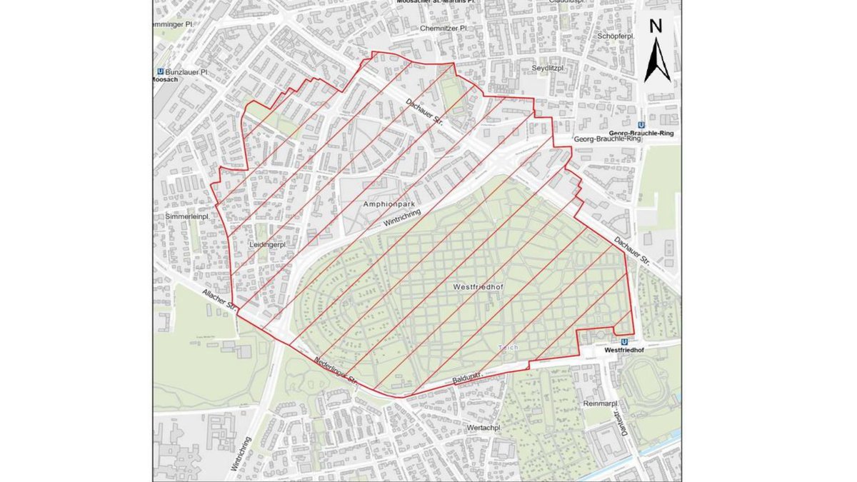 Der Bereich erstreckt sich über den Westfriedhof und die angrenzende Nachbarschaft im Norden des Friedhofs.