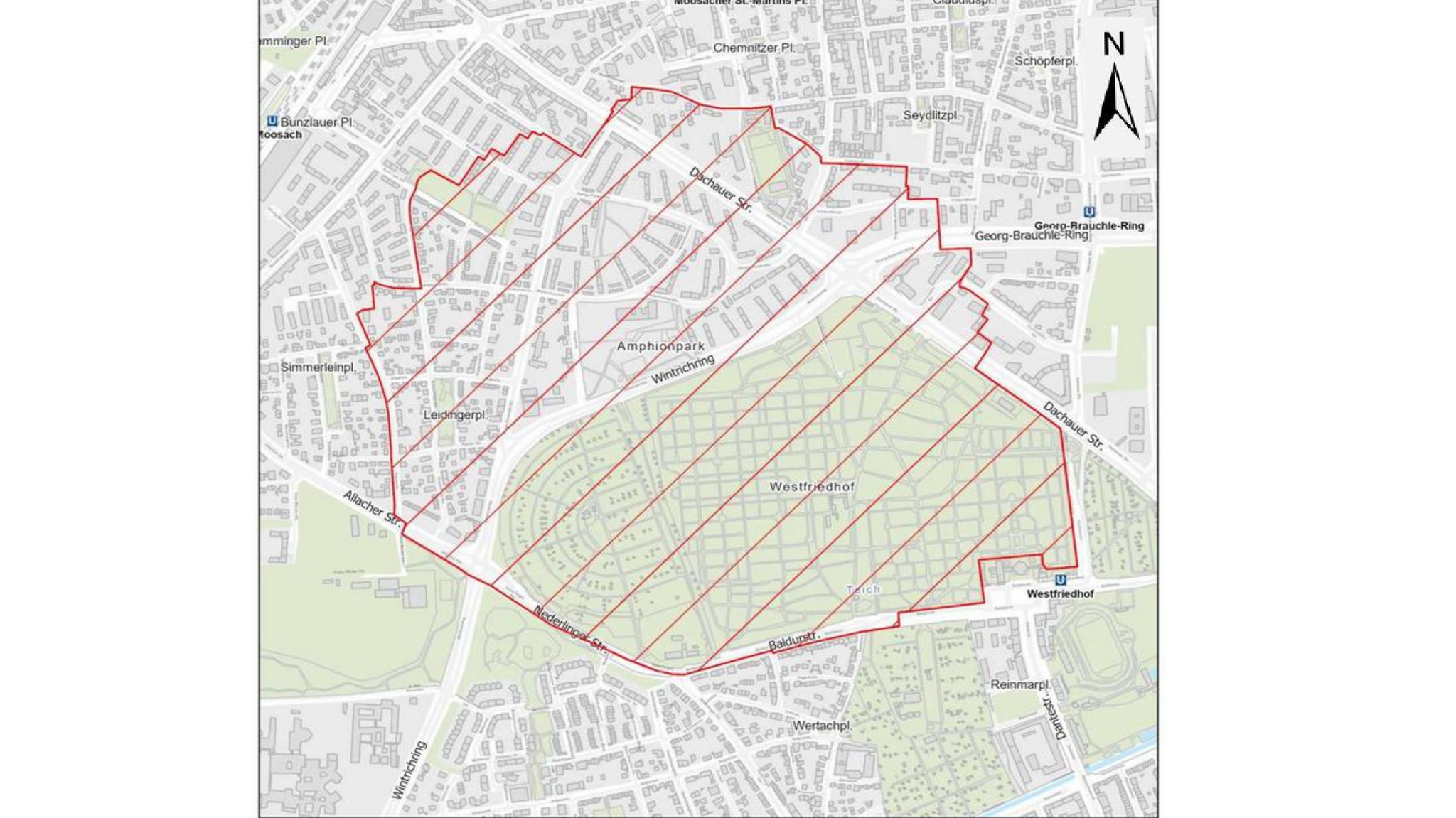 Der Bereich erstreckt sich über den Westfriedhof und die angrenzende Nachbarschaft im Norden des Friedhofs.