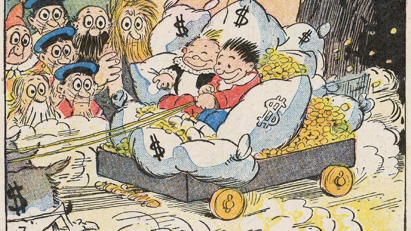 Zeichnung: zwei grinsende Figuren steuern einen Karren , der übervoll mit Geld beladen ist. 