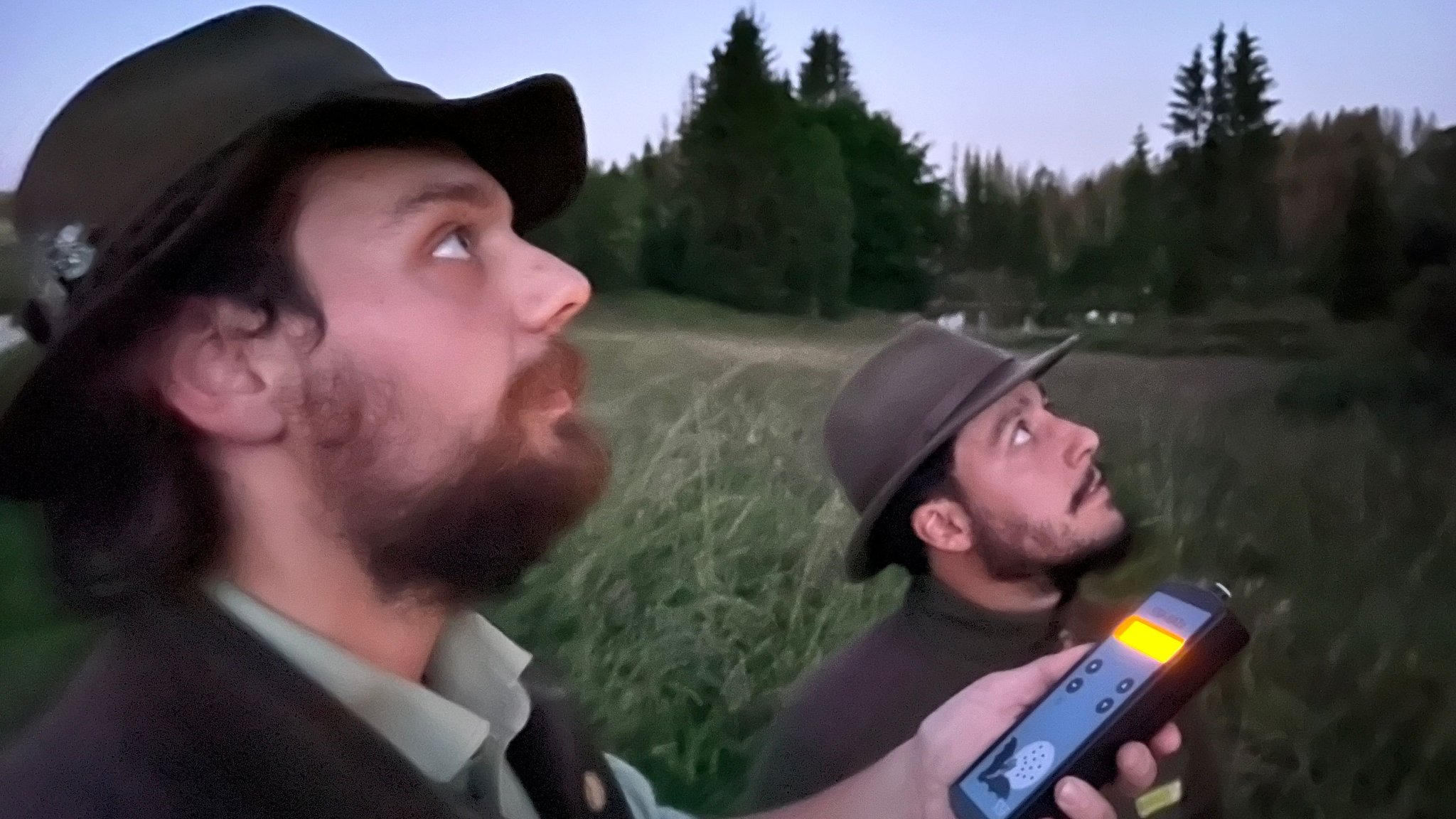 Zwei Männer blicken auf einer Waldlichtung in den Abendhimmel. 