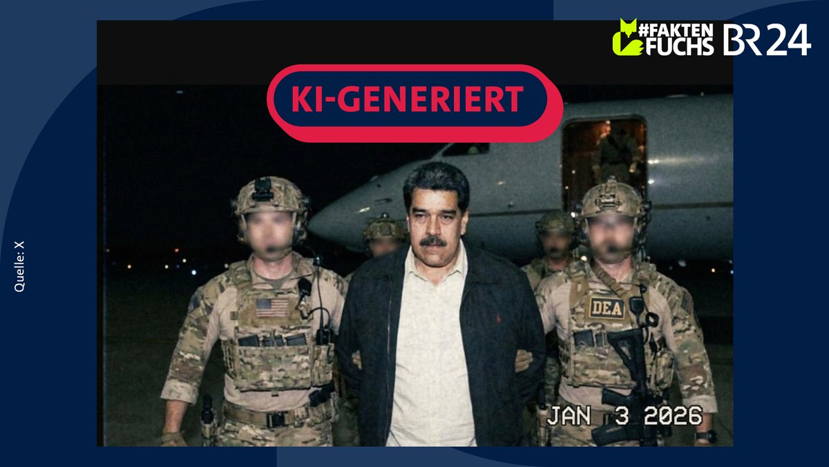 KI-Bild von Maduro mit DEA-Agenten vor einem Flugzeug.