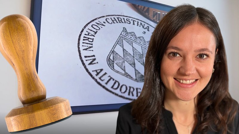 Christina ist Notarin seit 1.12.24 mit eigenem Notarssitz. | Bild: BR: Luisa Marie Roth; picture alliance / Zoonar | alexlmx Christina ist Notarin seit 1.12.24 mit eigenem Notarssitz.