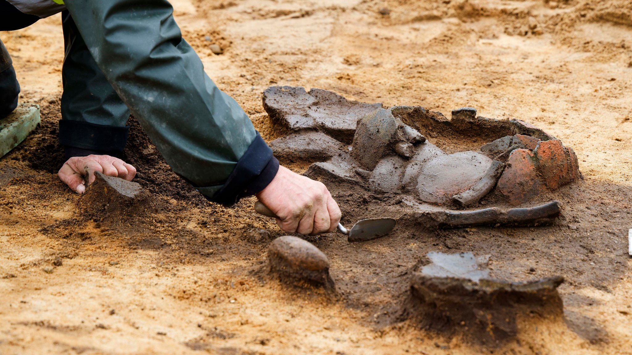 Siedlungsspuren von der Steinzeit (Spätneolithikum) bis in die Römische Kaiserzeit - ein Mitarbeiter des Archäologischen Landesamtes Schleswig-Holstein legt Keramikreste auf dem Gelände eines geplanten neuen Wohngebiets frei.