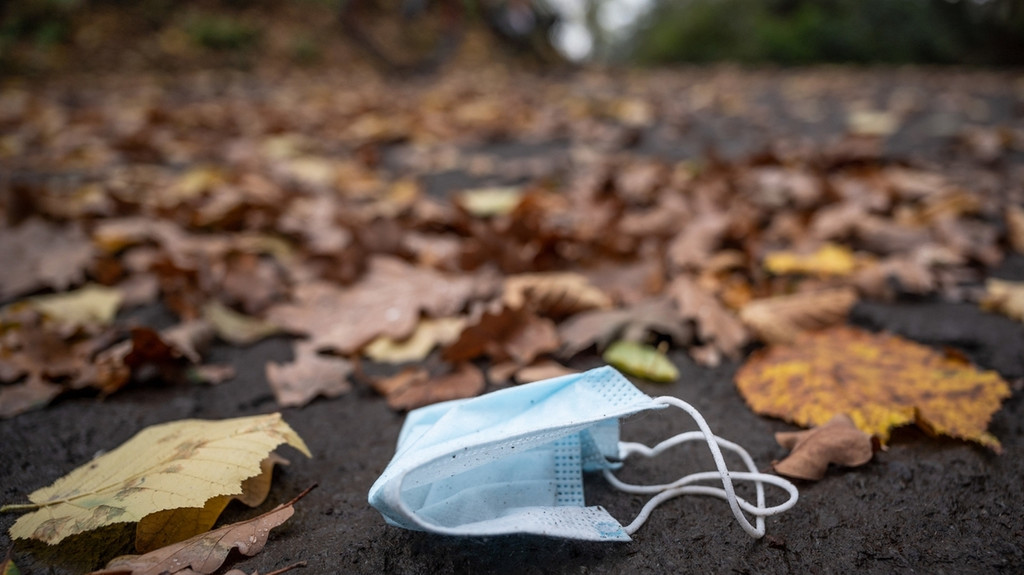Eine weggeworfene Maske liegt zwischen Herbstlaub auf einer Straße (Symbolbild)