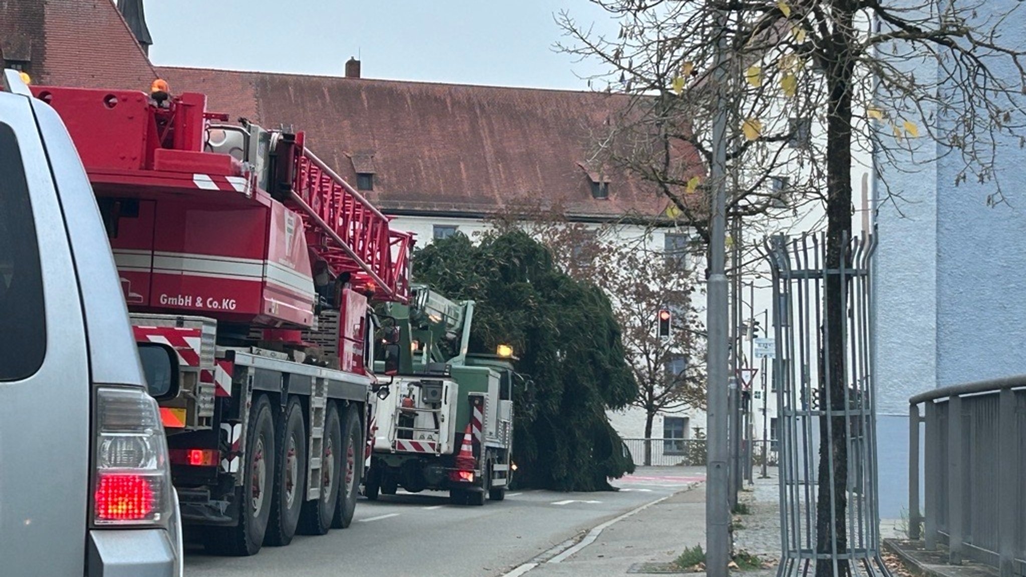 Die Fichte wird durch die Straubinger Innenstadt zum Ludwigsplatz transportiert. 