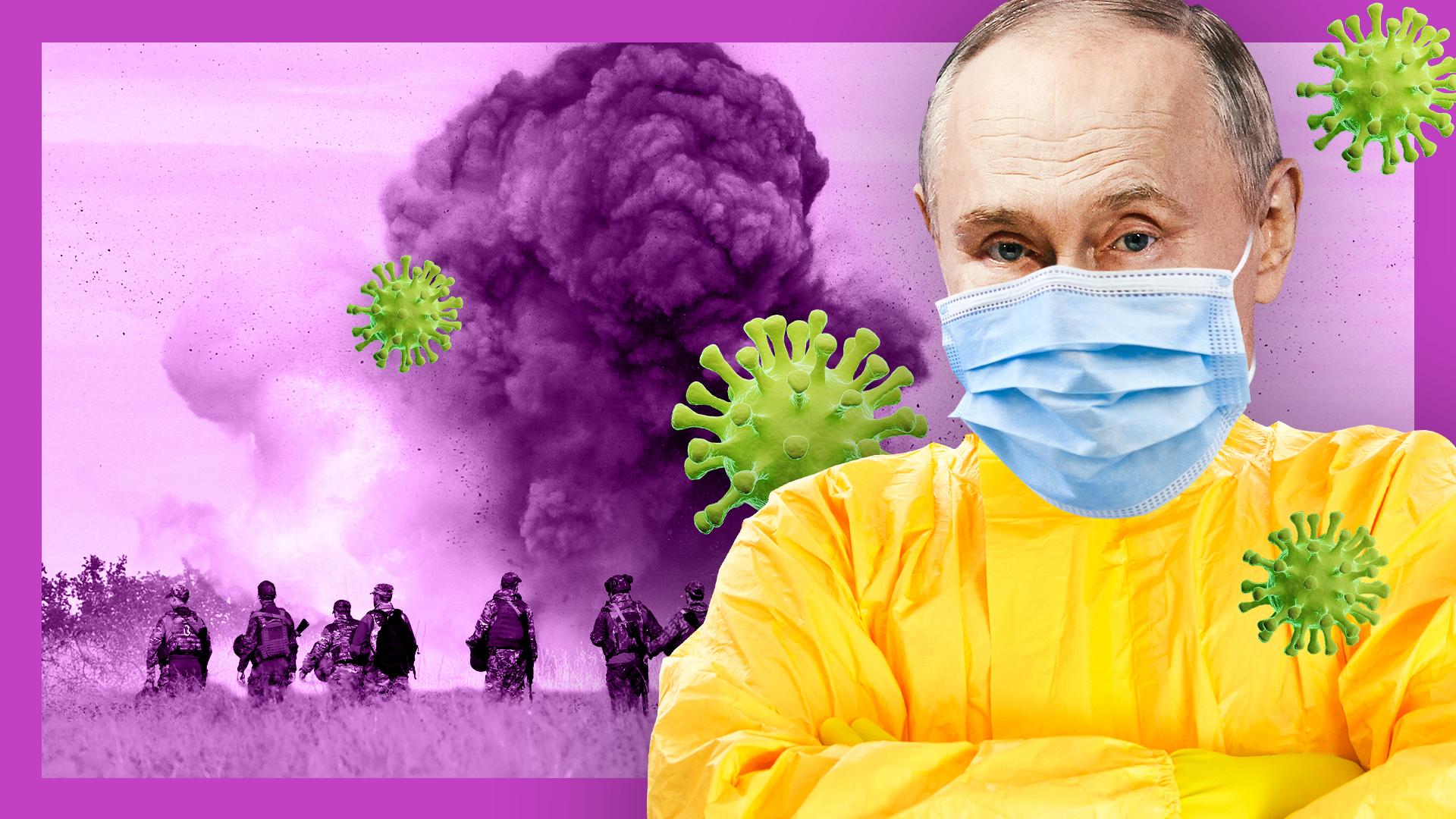 Ein Mann in Schutzanzug und Mund-Nase-Schutz, daneben grafische Darstellungen von Corona-Viren, im Hintergrund Kriegsszenerie.