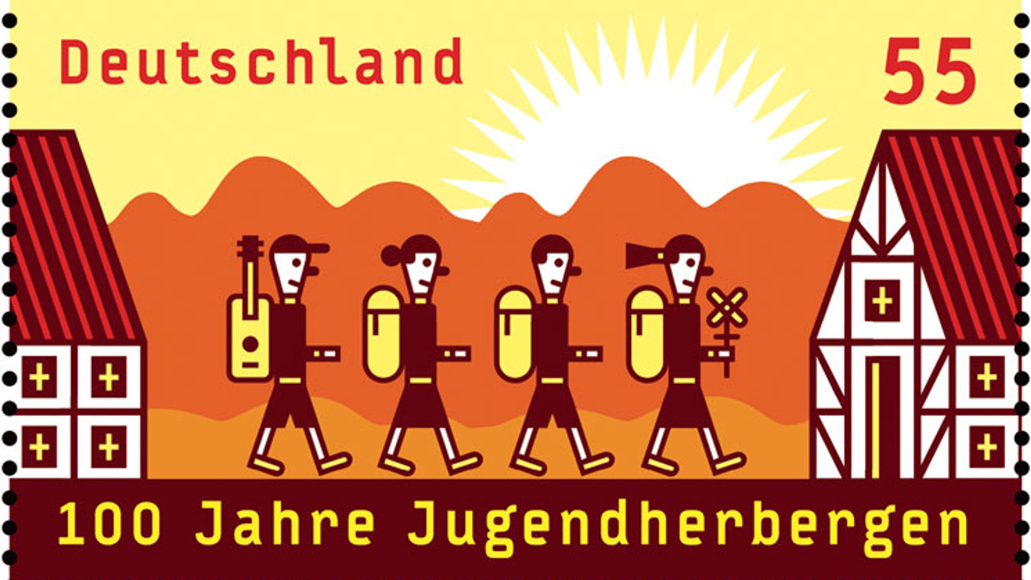 Altmodisch anmutende Grafik: Drei Kinder mit Rucksäcken und eines mit einer Gitarre auf dem Rücken laufen von einem Fachwerkhaus zum nächsten, im Hintergrund Berge und eine aufgehende Sonne. Eine 55 Cent Briefmarke mit dem Titel "100 Jahre Jugendherbergen".