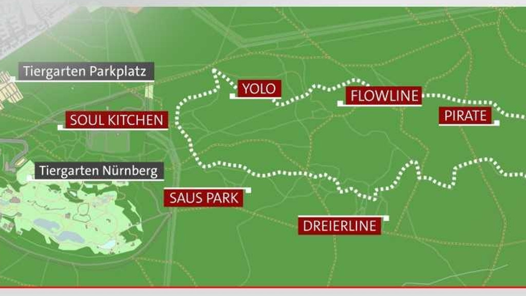 Eine Karte zeigt das Waldgebiet östlich des Nürnberger Tiergartens mit der Lage der neuen Mountainbiketrails