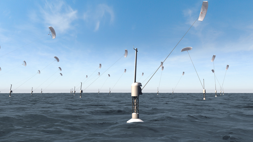 Ein computergeneriertes Bild zeigt Anlagen mit schwimmenden Plattformen und Zugdrachen, die Strom aus Höhenwind gewinnen. 