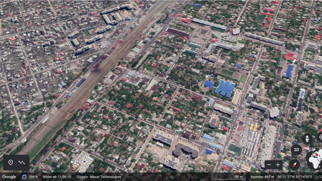 Das Stadtzentrum von Irpin, vor Beginn des Krieges, so zu sehen bei Google Earth. 