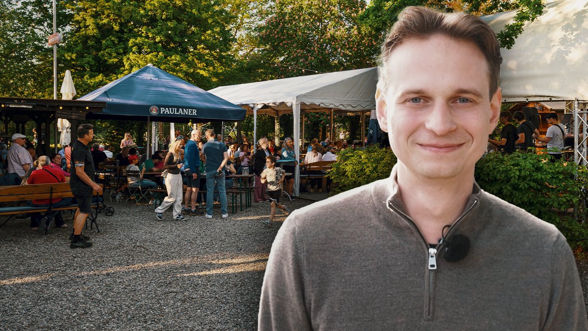 Fotocollage: Ein junger Mann, im Hintergrund ein Biergarten.