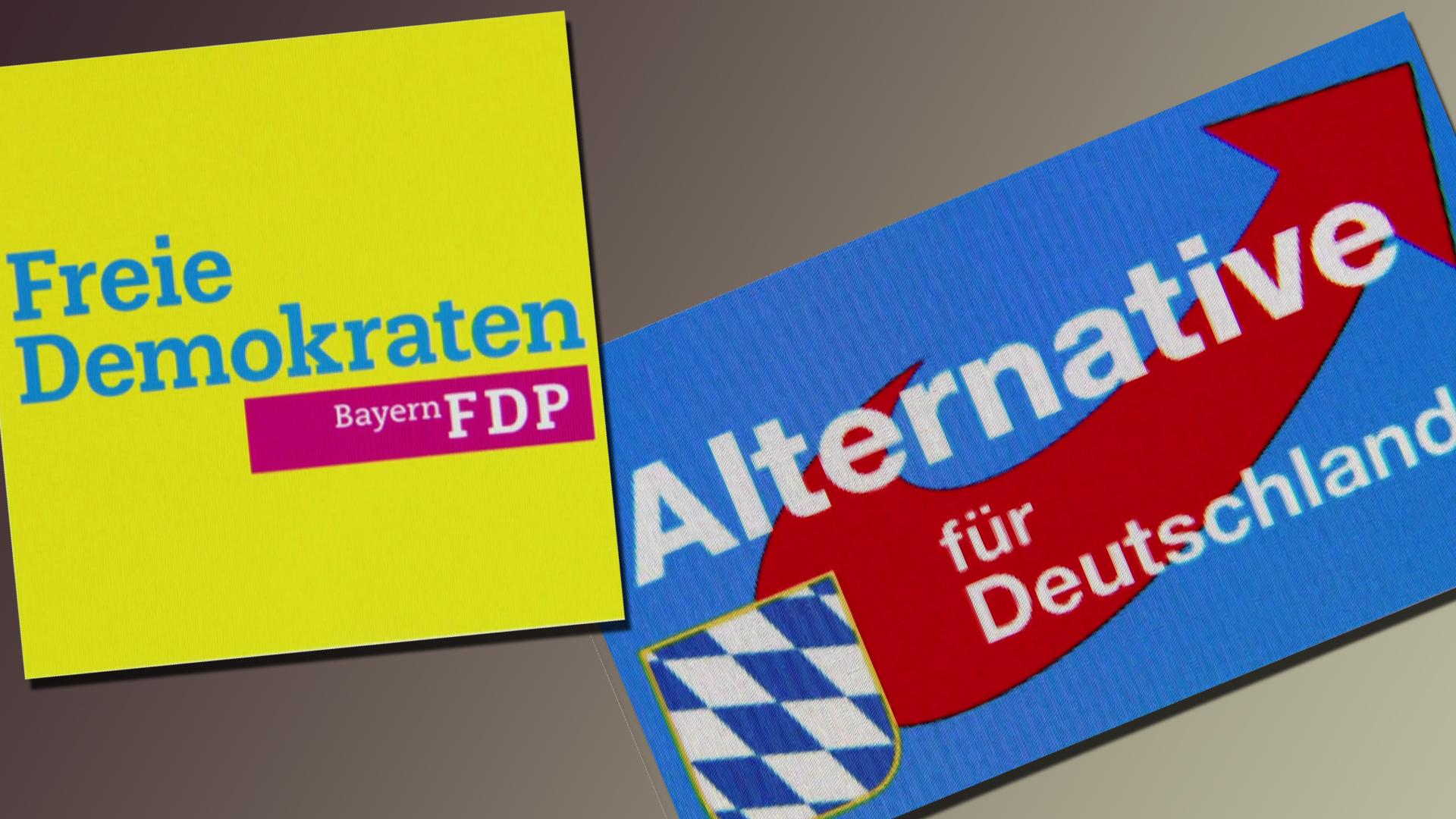 Logos von FDP und AfD. Video: Laut Kontrovers-BayernTrend wären seit 1946 erstmals sechs Parteien im Bayerischen Landtag vertreten. Wo und für was stehen die potentiellen Newcomer FDP und AfD?
