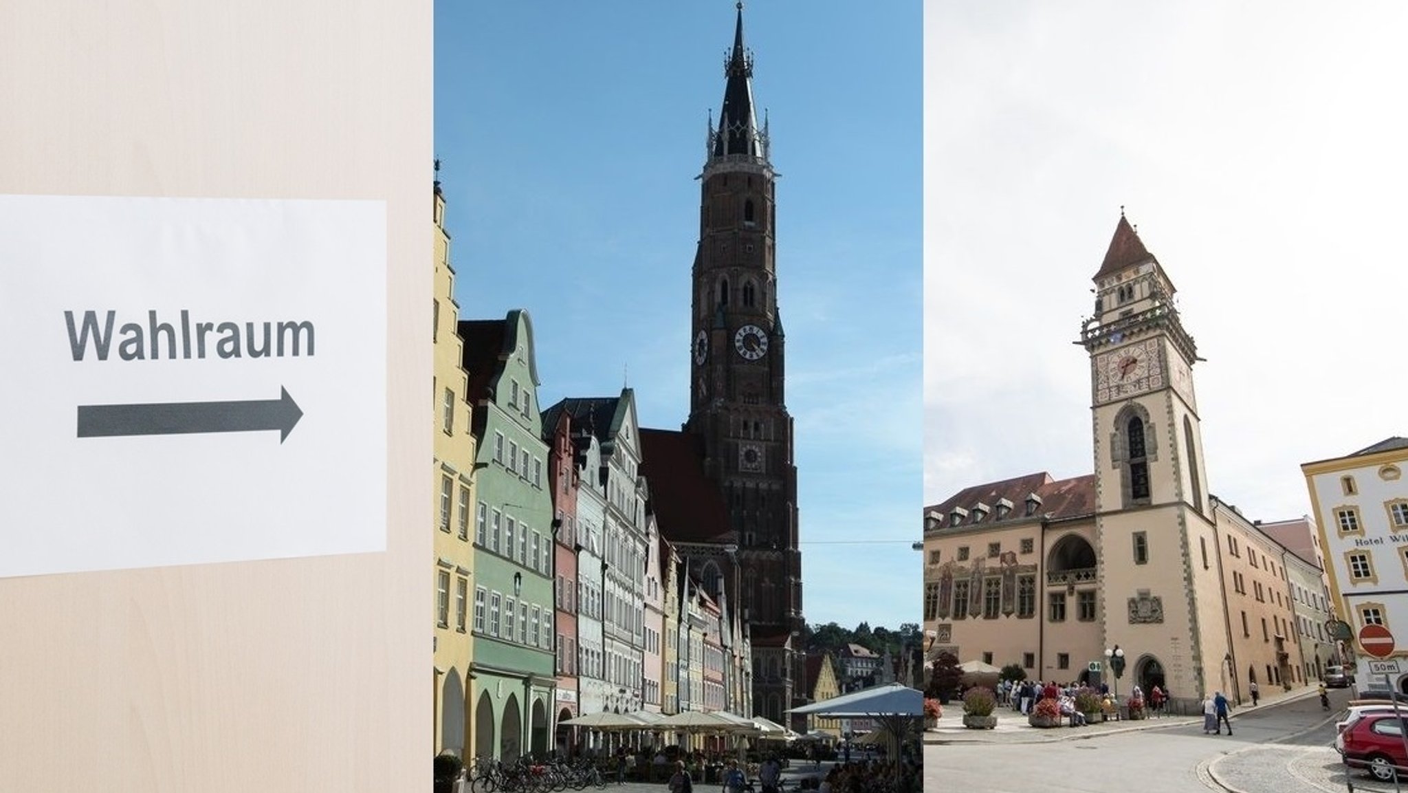 Eine Bildcollage mit einem Schild, auf dem Wahlraum steht, sowie die Rathäuser von Landshut und Passau.