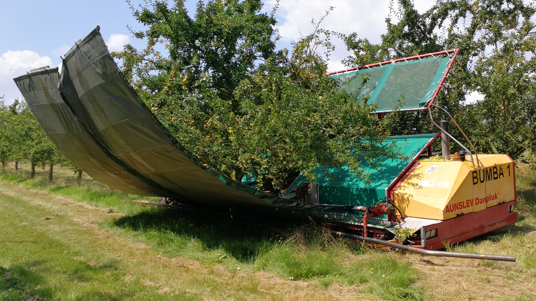 Der Obstbaum-Schüttler mit ausgefahrenen Planen