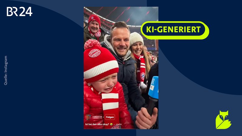 Das Video mit dem jungen FC-Bayern-Fan, der angeblich dem BR ein Interview gibt, ist KI-generiert | Bild: Collage: BR Das Video mit dem jungen FC-Bayern-Fan, der angeblich dem BR ein Interview gibt, ist KI-generiert