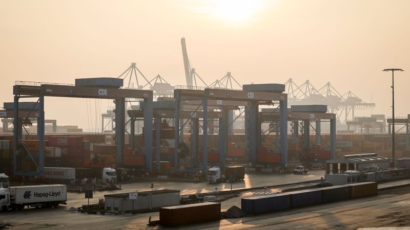 Container werden am Container Terminal Altenwerder (CTA) der Hamburger Hafen und Logistik AG (HHLA) gelagert und verladen. | Bild: dpa-Bildfunk/Christian Charisius Container werden am Container Terminal Altenwerder (CTA) der Hamburger Hafen und Logistik AG (HHLA) gelagert und verladen.