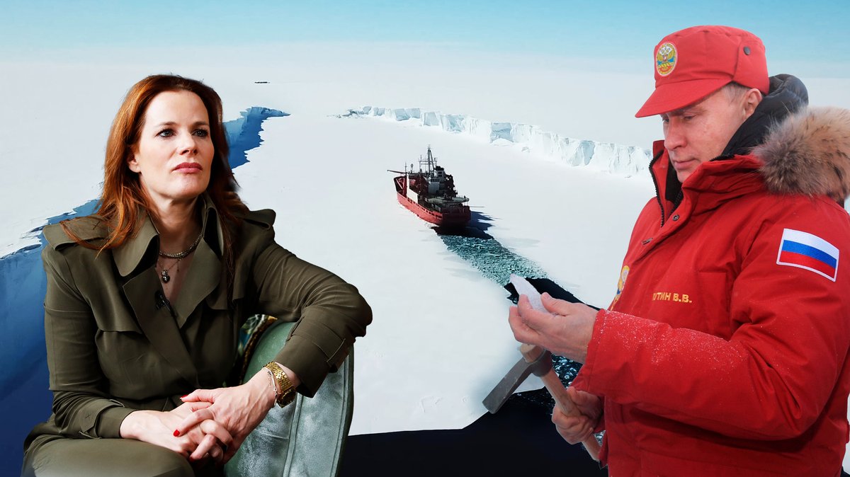 Ein Eisbrecher bahnt sich durch die Arktis; davor: Florence Gaub und Wladimir Putin 