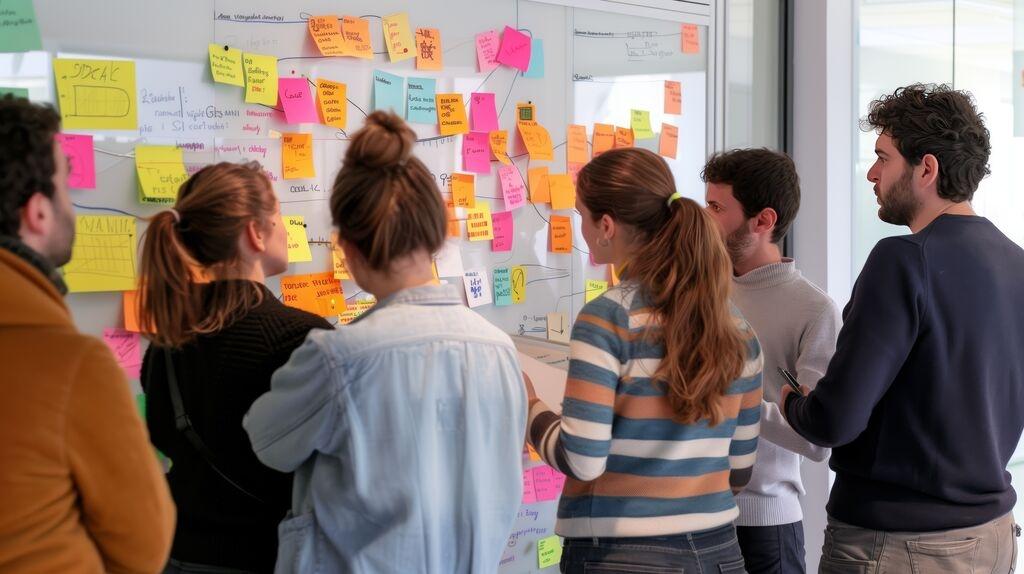 (Symbolbild) Ein Team junger Menschen arbeitet gemeinsam beim Brainstormen vor einer Tafel mit Notizen.
