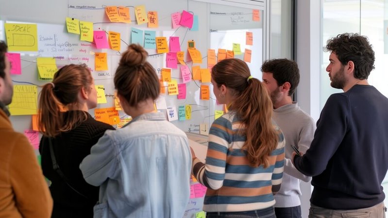 (Symbolbild) Ein Team junger Menschen arbeitet gemeinsam beim Brainstormen vor einer Tafel mit Notizen. | Bild: stock.adobe.com/klss777 (Symbolbild) Ein Team junger Menschen arbeitet gemeinsam beim Brainstormen vor einer Tafel mit Notizen.