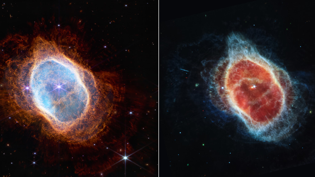 Das James Webb-Weltraumteleskop zeigt sterbende Sterne: In diesem Fall den Südlichen Ringnebel NGC 3132 im Sternbild Segel des Schiffs. 