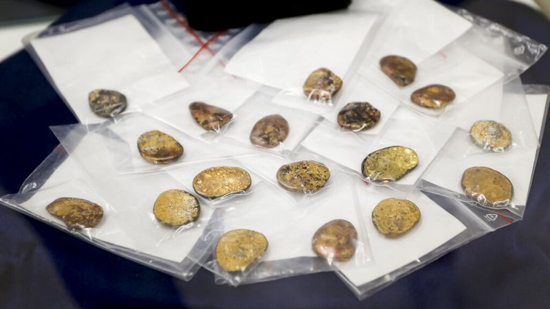 ARCHIV - 20.07.2023, Bayern, München: Sichergestellte Münzklumpen werden während einer Pressekonferenz des Bayerischen Landeskriminalamts zu den Festnahmen im Fall des Manchinger Goldschatz-Diebstahls präsentiert. (zu dpa: «Gericht beginnt mit Detailarbeit zu Diebstahl von Goldschatz») Foto: Uwe Lein/dpa +++ dpa-Bildfunk +++ | Bild: dpa-Bildfunk/Uwe Lein ARCHIV - 20.07.2023, Bayern, München: Sichergestellte Münzklumpen werden während einer Pressekonferenz des Bayerischen Landeskriminalamts zu den Festnahmen im Fall des Manchinger Goldschatz-Diebstahls präsentiert. (zu dpa: «Gericht beginnt mit Detailarbeit zu Diebstahl von Goldschatz») Foto: Uwe Lein/dpa +++ dpa-Bildfunk +++