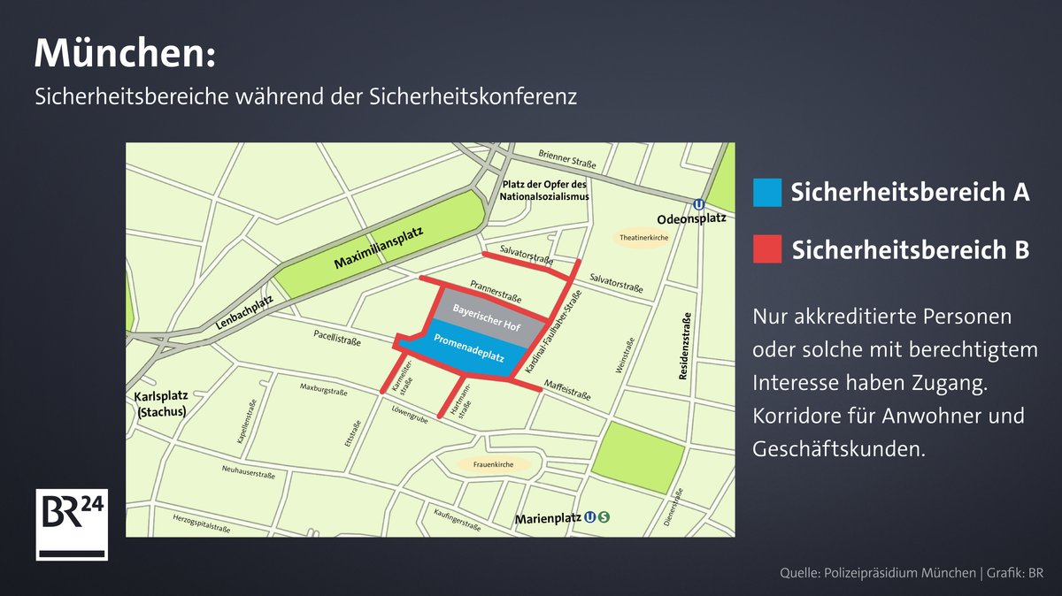 Die Karte zeigt die verschiedenen Sicherheitsbereiche in der Münchner Innenstadt zur Münchner Sicherheitskonferenz.