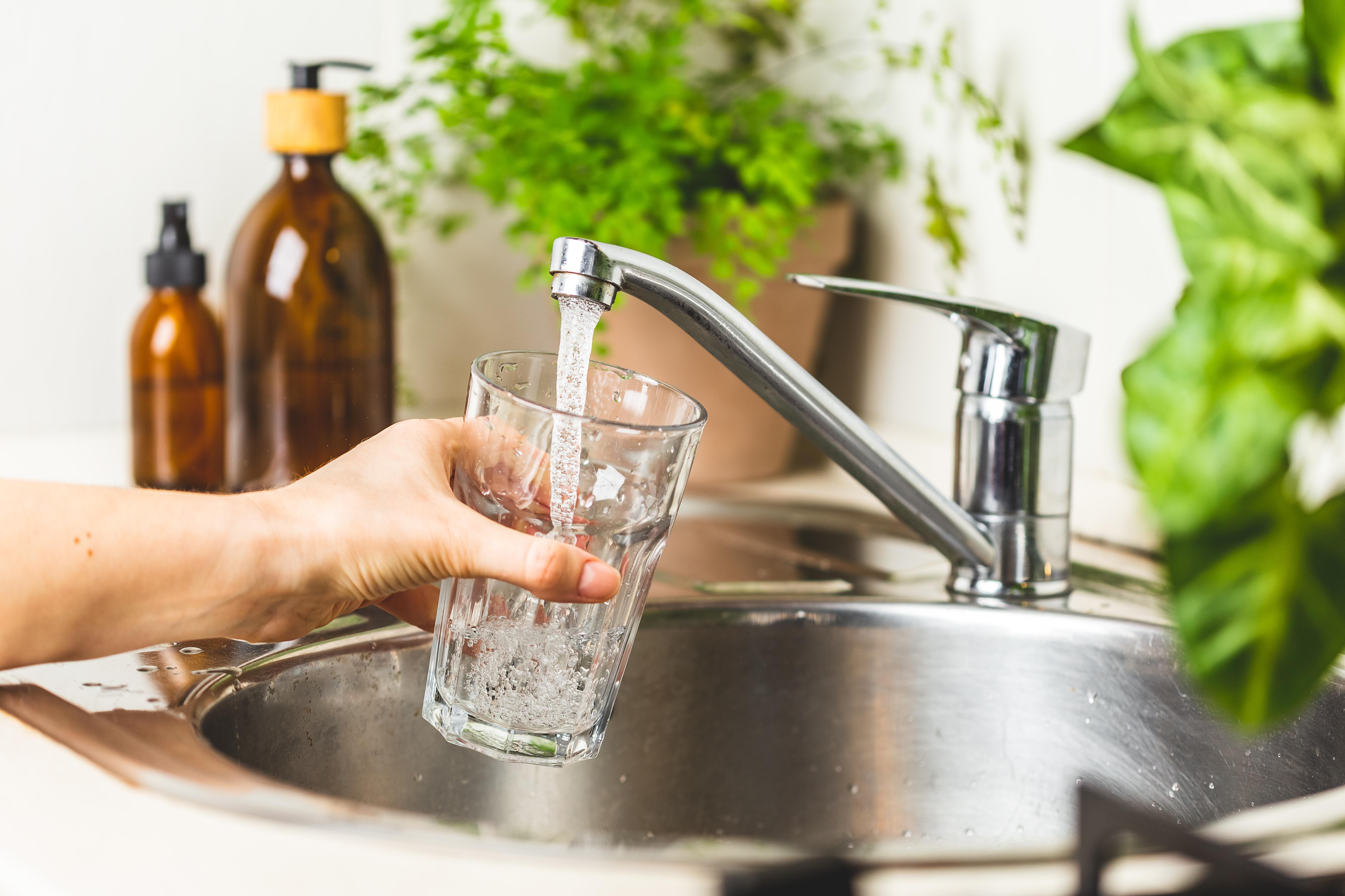 Eine Frauenhand hält ein Trinkglas unter den Wasserhahn und füllt dieses mit fließendem, klarem Wasser. | Bild:colourbox.de