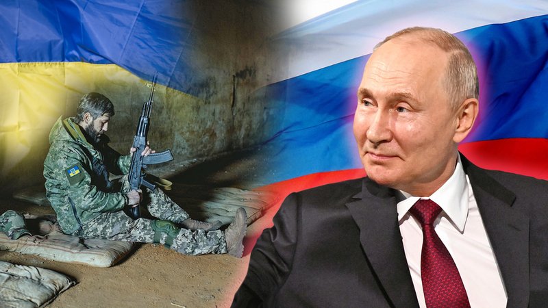 Ukraine-Krieg: Gibt der Westen auf? Auf der Bild-Montage: ein ukrainischer Soldat, der auf dem Boden sitzt, und ein Foto des russischen Präsidenten Wladimir Putin