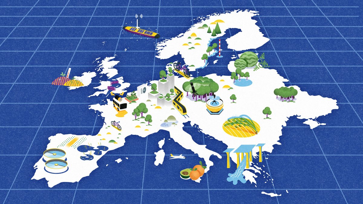 Eine stilisierte Karte Europas mit Illustrationen unterschiedlicher Maßnahmen zur Vorbereitung auf den Klimawandel