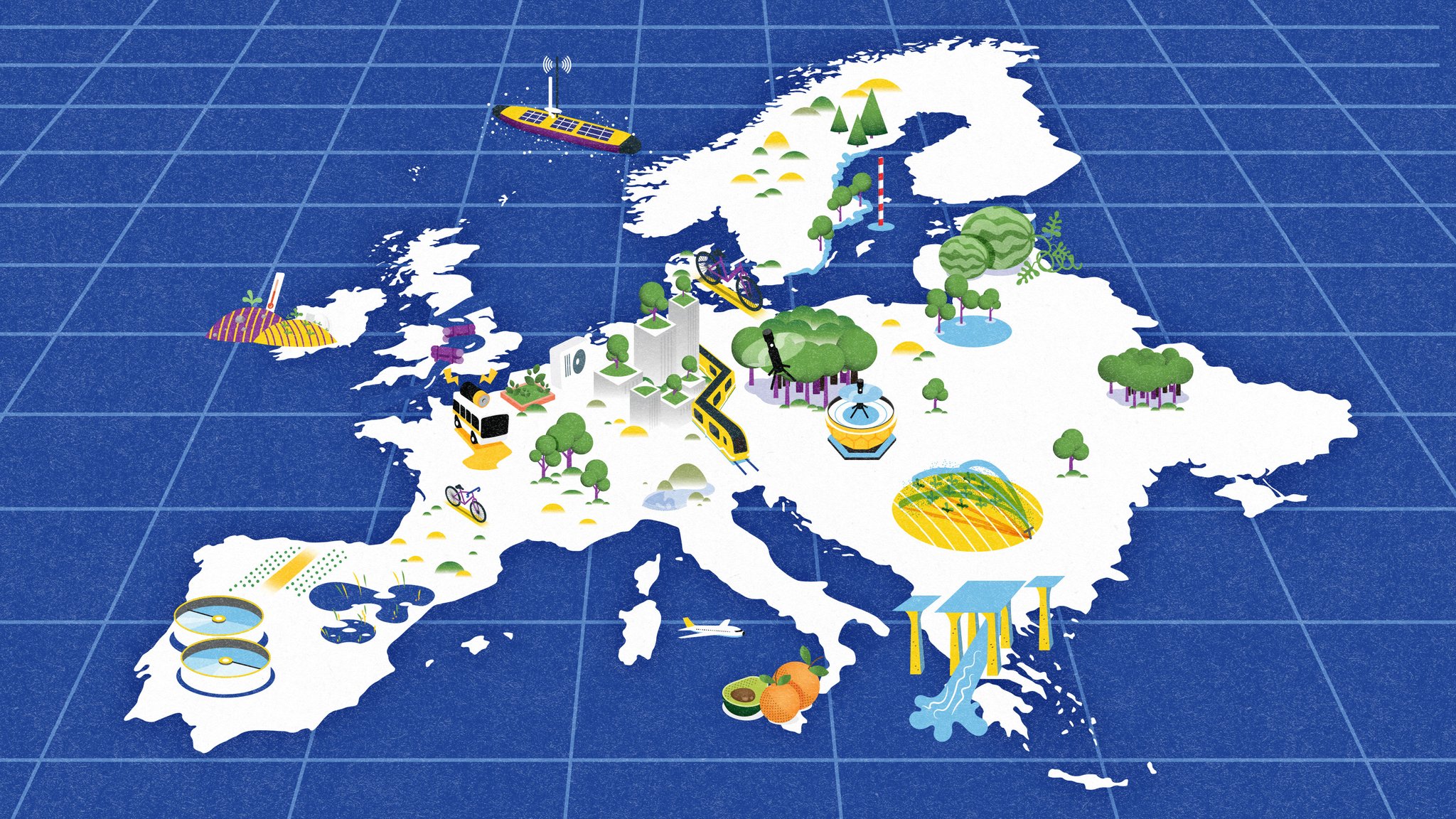 Eine stilisierte Karte Europas mit Illustrationen unterschiedlicher Maßnahmen zur Vorbereitung auf den Klimawandel | Bild: Illustration: Ann-Sophie De Steur Eine stilisierte Karte Europas mit Illustrationen unterschiedlicher Maßnahmen zur Vorbereitung auf den Klimawandel