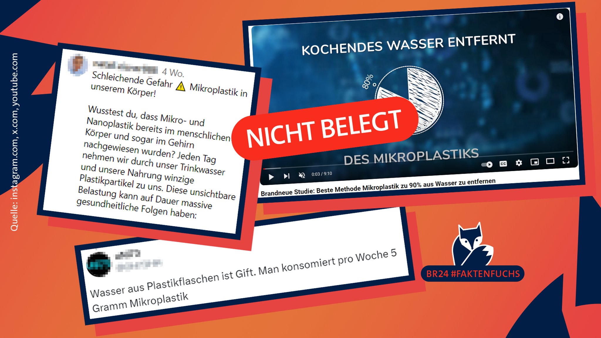 Screenshots mit Behauptungen zu Gesundheitsrisiken durch Mikroplastik in Trinkwasser, darüber ein Stempel mit "Nicht belegt".