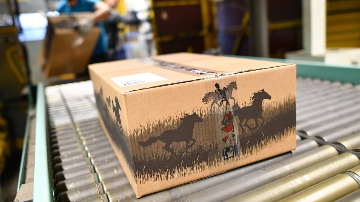 Ein Paket auf einem Rollband in einem Paketzentrum der Deutschen Post (Archivbild)