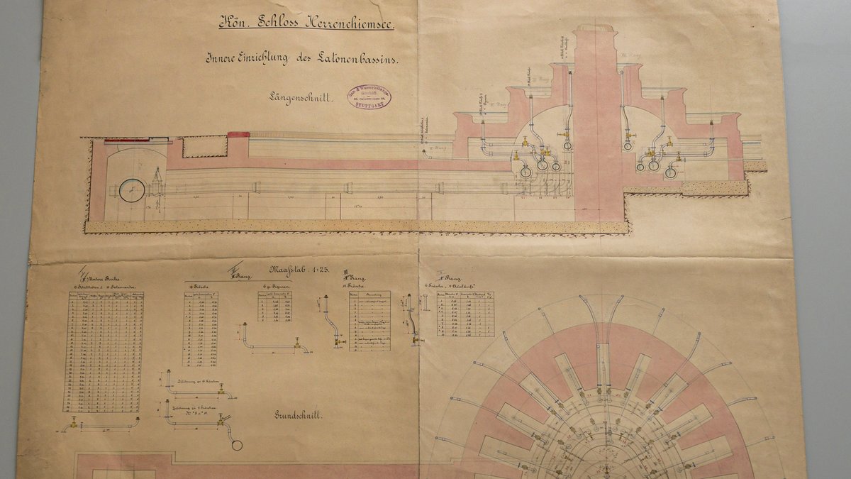 Planzeichnung der Wasserversorgung des Latonabrunnen im Schlosspark Herrenchiemsee