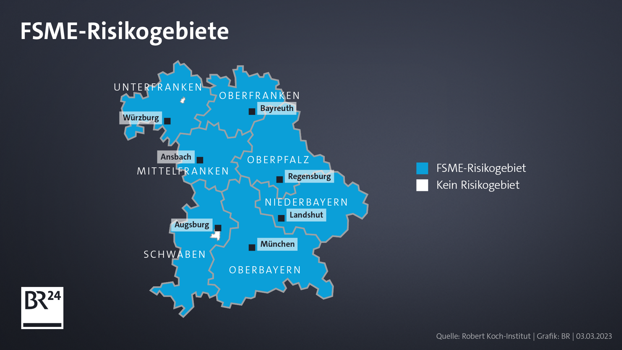 Grafik zu FSME-Risikogebieten in Bayern; nur zwei Gebiete sind als Nicht-Risikogebiet ausgewiesen.