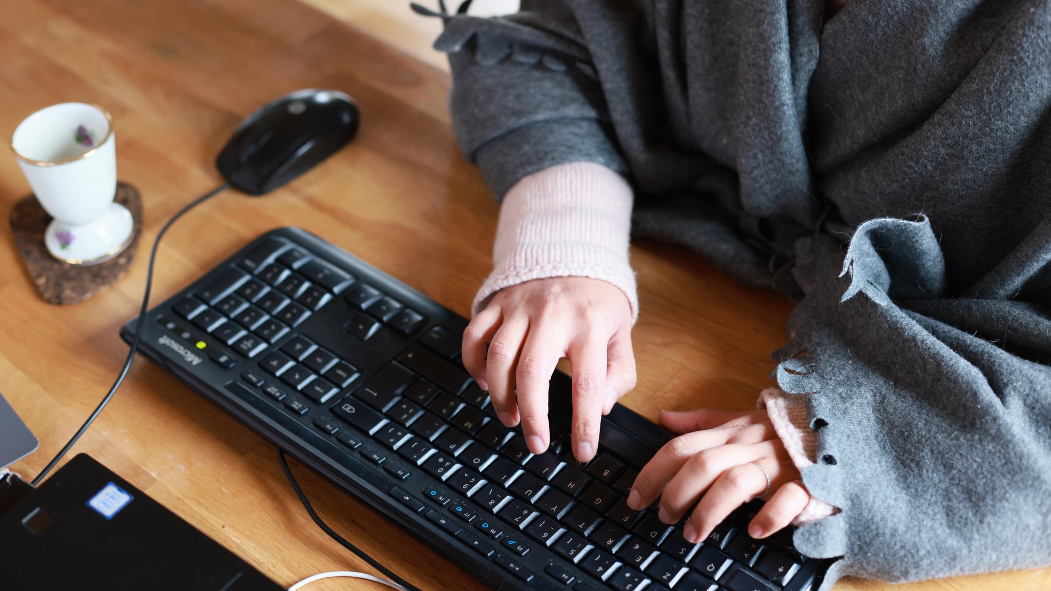 Frau mit Decke am Computer. 