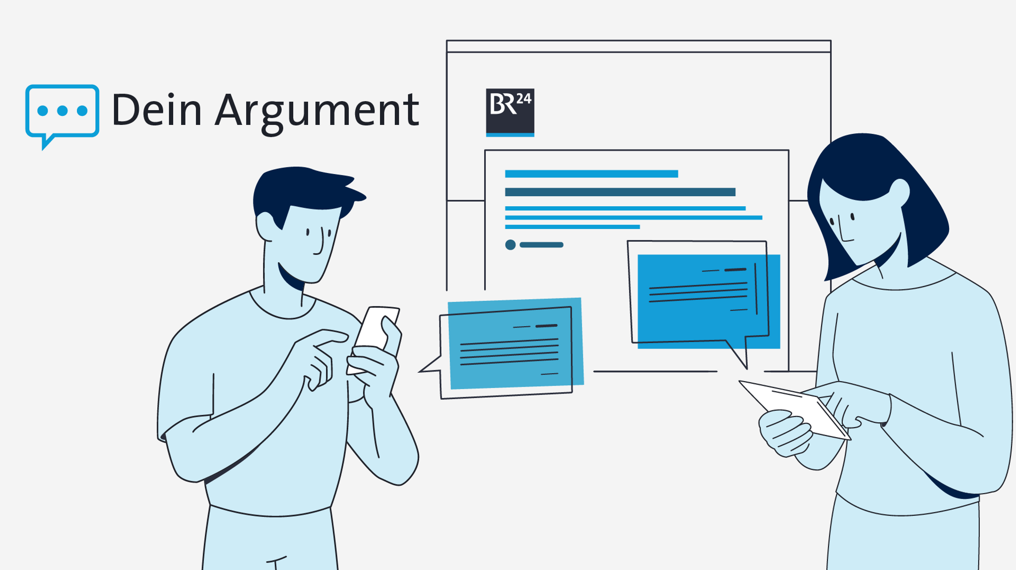 Grafik: Zwei Personen schauen auf ein Handy bzw. Tablet und lesen Kommentare, die sich im Hintergrund in einen angedeuteten Beitrag von BR24 einfügen.