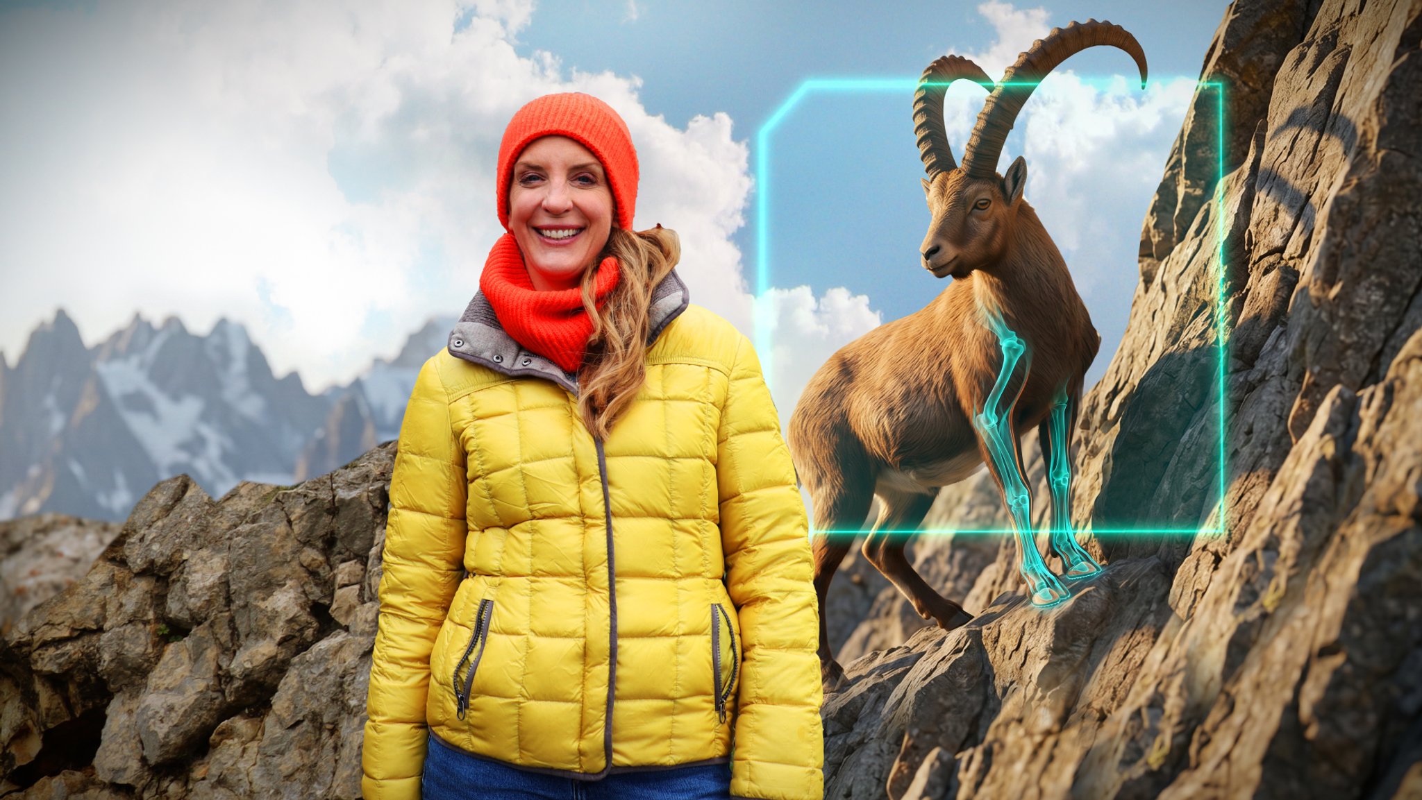 Montage: Caro Matzko neben einem Alpensteinbock, zum Teil mit blauen Gitternetzlinien