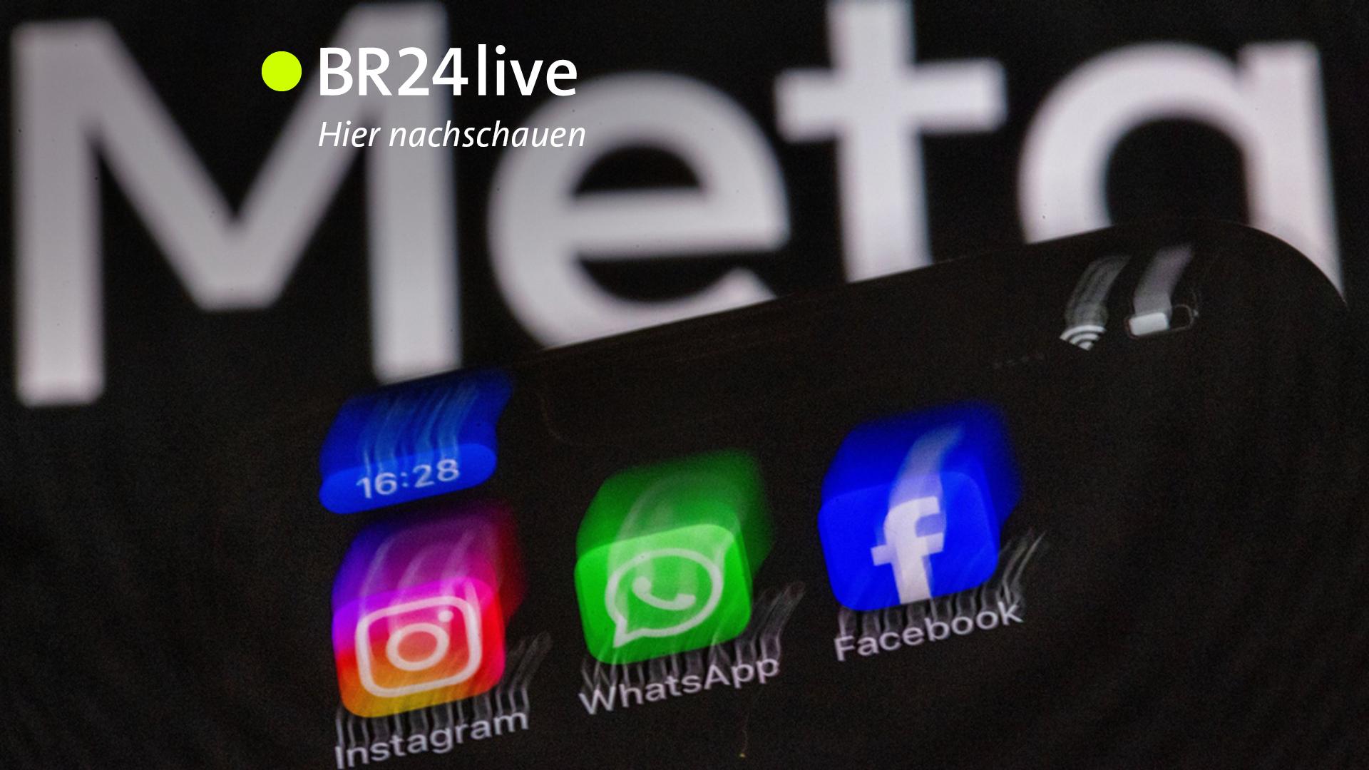 Die Apps Instagram, Facebook und WhatsApp sind auf dem Display eines Smartphones vor dem Logo des Internetkonzerns Meta zu sehen.