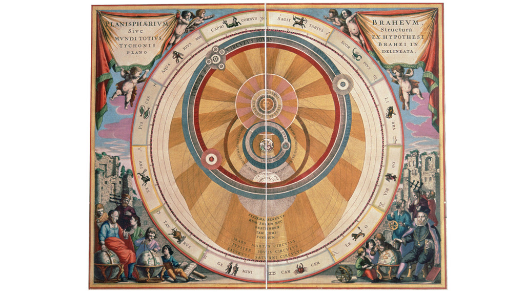 Das Weltsystem von Tycho Brahe, Abbildung aus "Harmonia Macrocosmica" aus dem 17. Jahrhundert