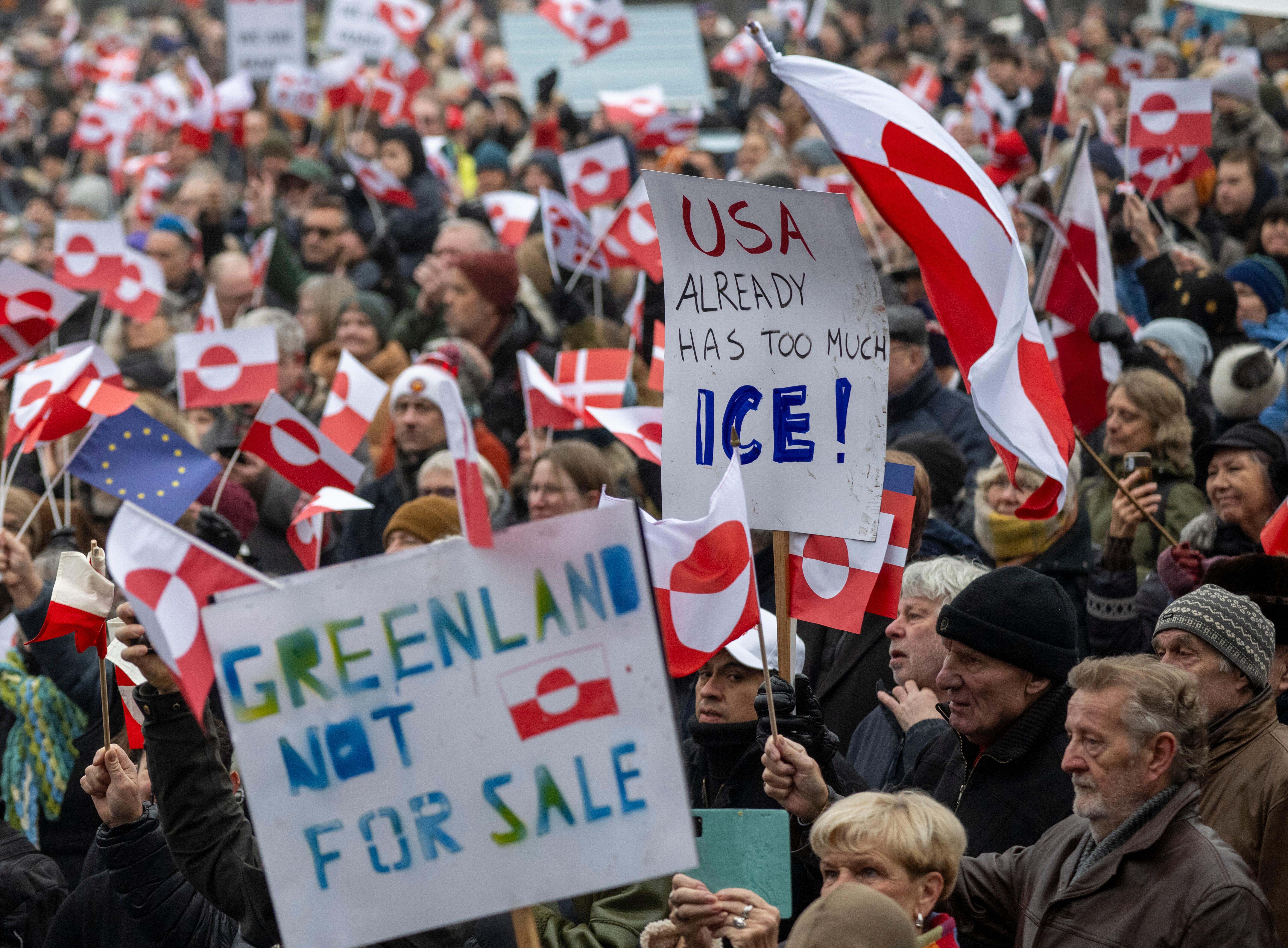 Demonstranten in Kopenhagen mit grönländischen und dänischen Flaggen sowie Plakaten