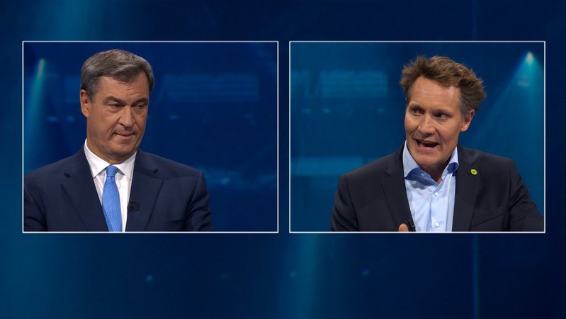 Kurz vor der Landtagswahl haben sich CSU-Chef Söder und der Spitzenkandidat der Grünen, Hartmann, gestern im BR-Fernsehen ein Rededuell geliefert.