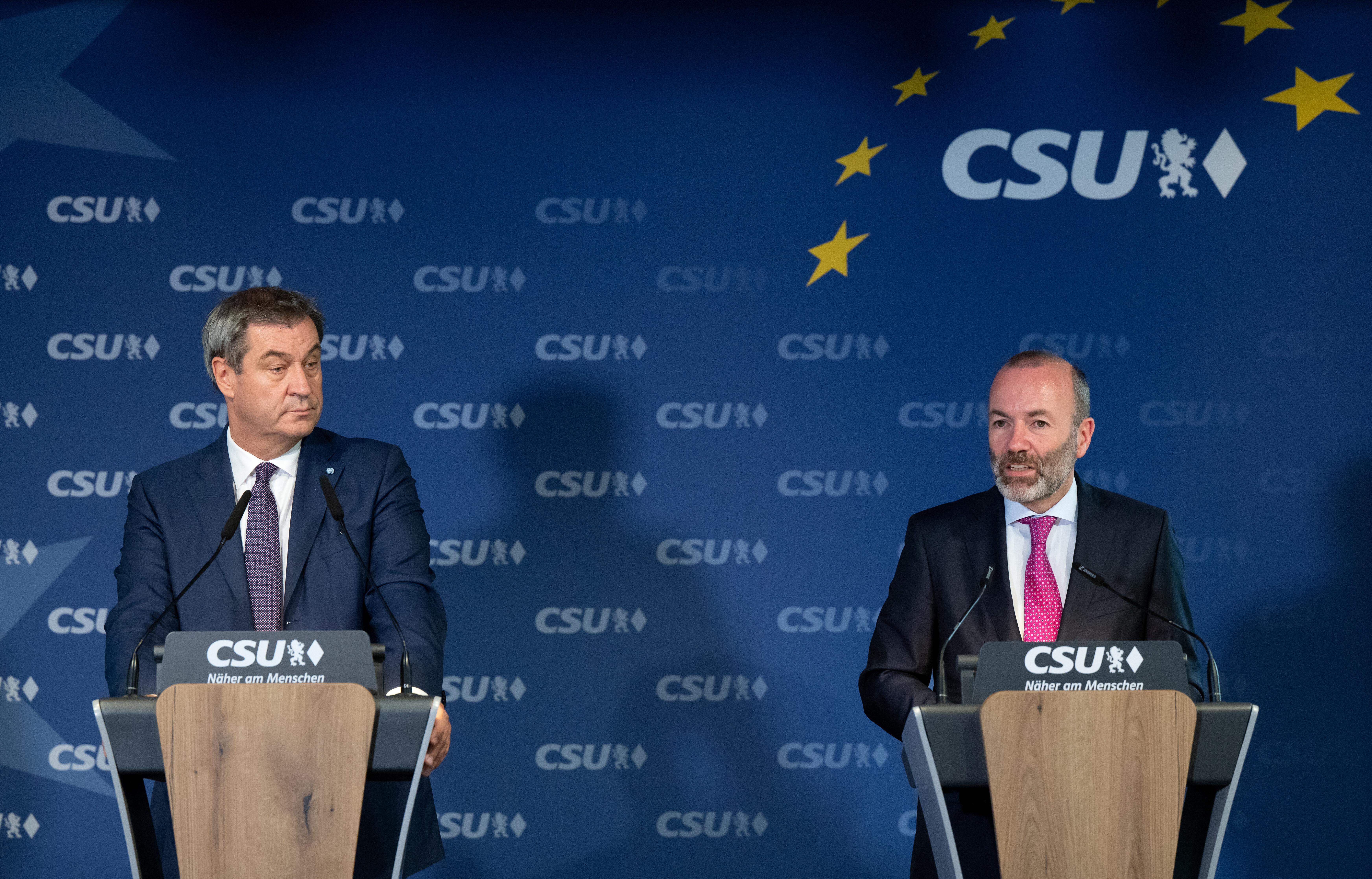 (Archivbild) CSU-Chef Markus Söder (links) und der stellvertretende Parteivorsitzende Manfred Weber nach der Europawahl 2024. 