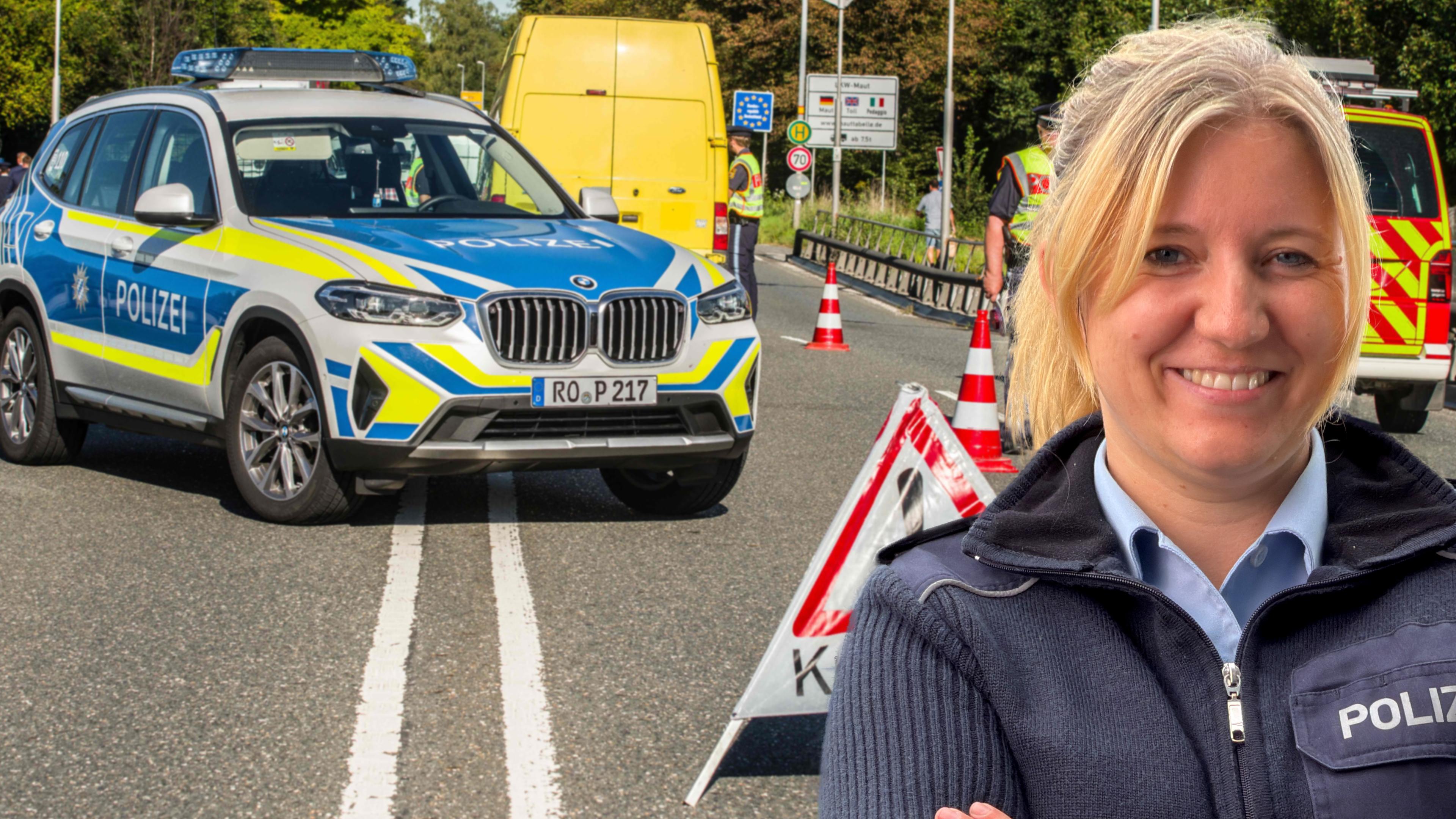 Die Polizistin Carmen und im Hintergrund ein Polizeiauto. Carmen ist seit eineinhalb Jahren Polizeikommissarin bei der Bundespolizeiinspektion Freilassing an der deutsch-österreichischen Grenze. 