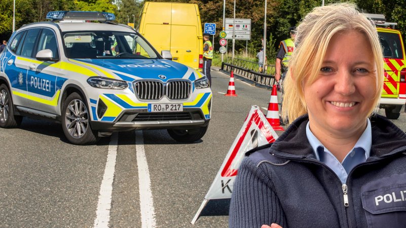 Die Polizistin Carmen und im Hintergrund ein Polizeiauto. Carmen ist seit eineinhalb Jahren Polizeikommissarin bei der Bundespolizeiinspektion Freilassing an der deutsch-österreichischen Grenze. | Bild: BR: Jonas Schlögel / Hintergrund: picture alliance / ZUMAPRESS.com | Sachelle Babbar Die Polizistin Carmen und im Hintergrund ein Polizeiauto. Carmen ist seit eineinhalb Jahren Polizeikommissarin bei der Bundespolizeiinspektion Freilassing an der deutsch-österreichischen Grenze.