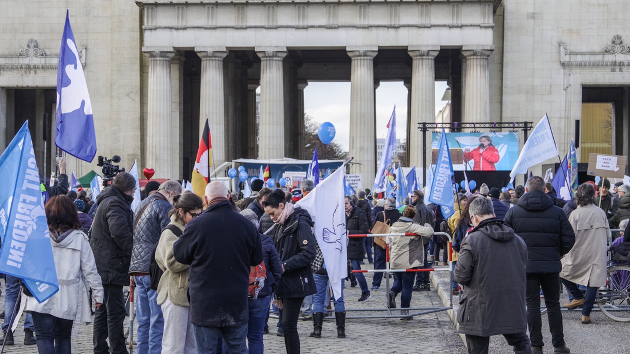 Zu sehen sind Demonstranten mit Friedensflaggen