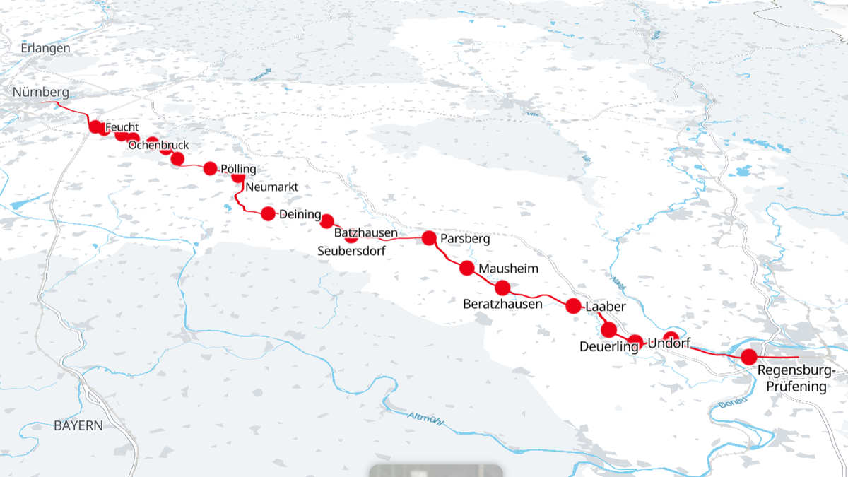 Entlang dieser Strecke erfolgt die Generalsanierung zwischen Regensburg und Nürnberg